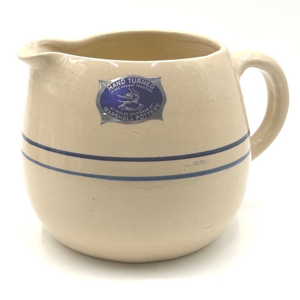 Marshall Pottery Handturned 6" Pot Belly Pitcher 1970's Vintage 2 Blue stripes